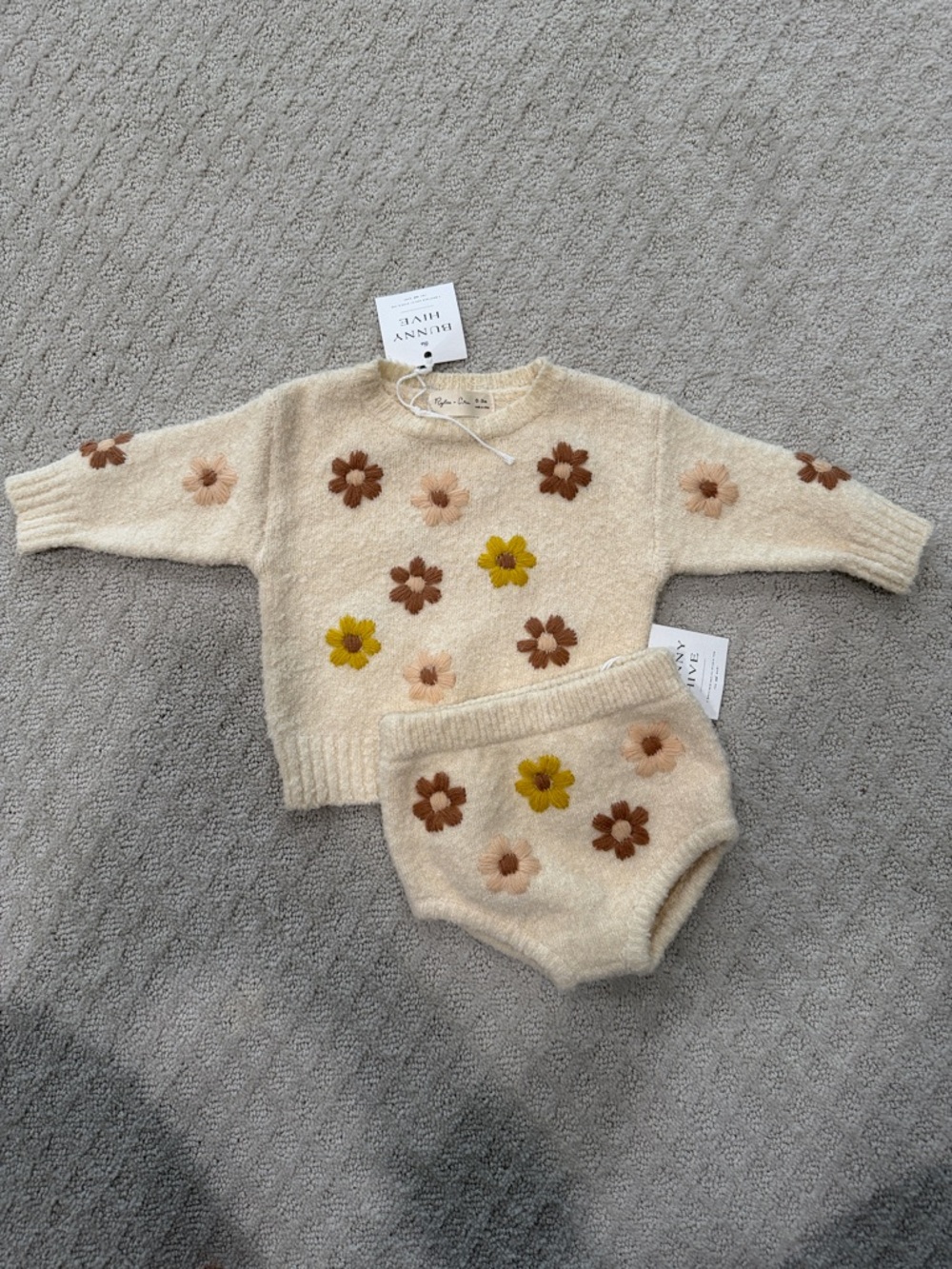 Rylee + Cru Cream Knit Floral Sweater with Matching Bloomers